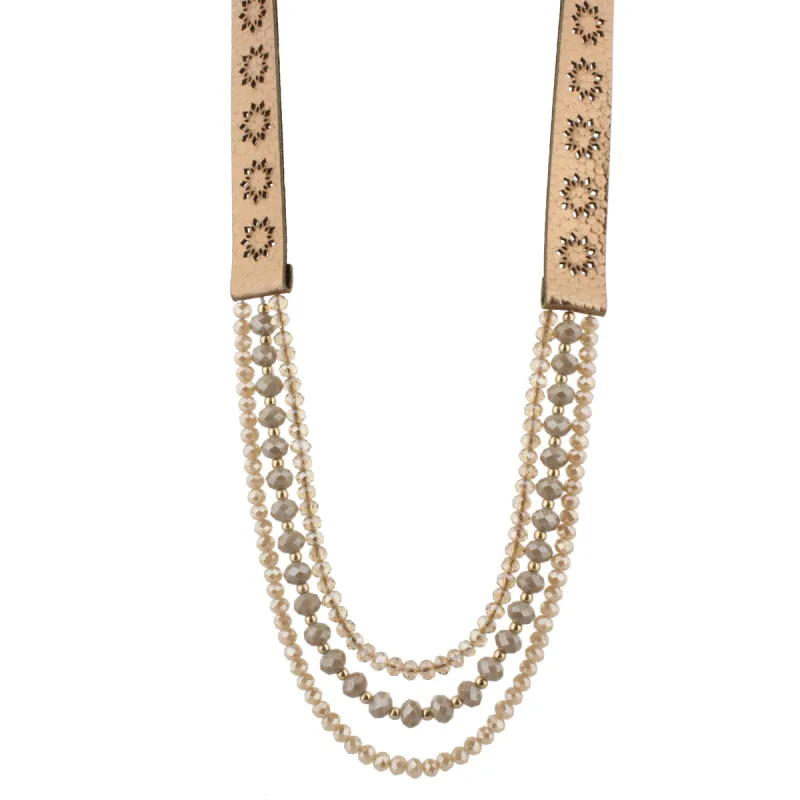 20" Bronze Leather with Champagne and Greige Multi Strands Necklace, 3" Ext. sold by Charming Charlie