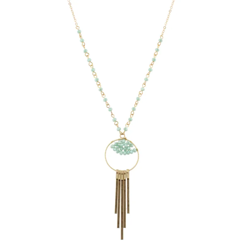 30" Partial Mint Linked Necklace with Bead Weave Circle and Gold Fringe, 3" Ext. sold by Charming Charlie