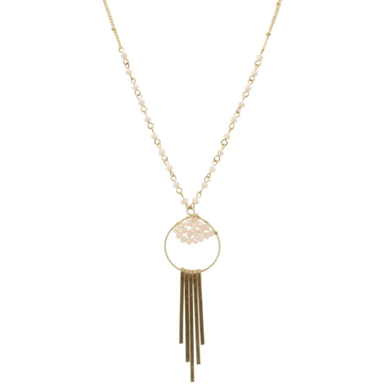 30" Partial Pink Nude Linked Necklace with Bead Weave Circle and Gold Fringe, 3" Ext. sold by Charming Charlie