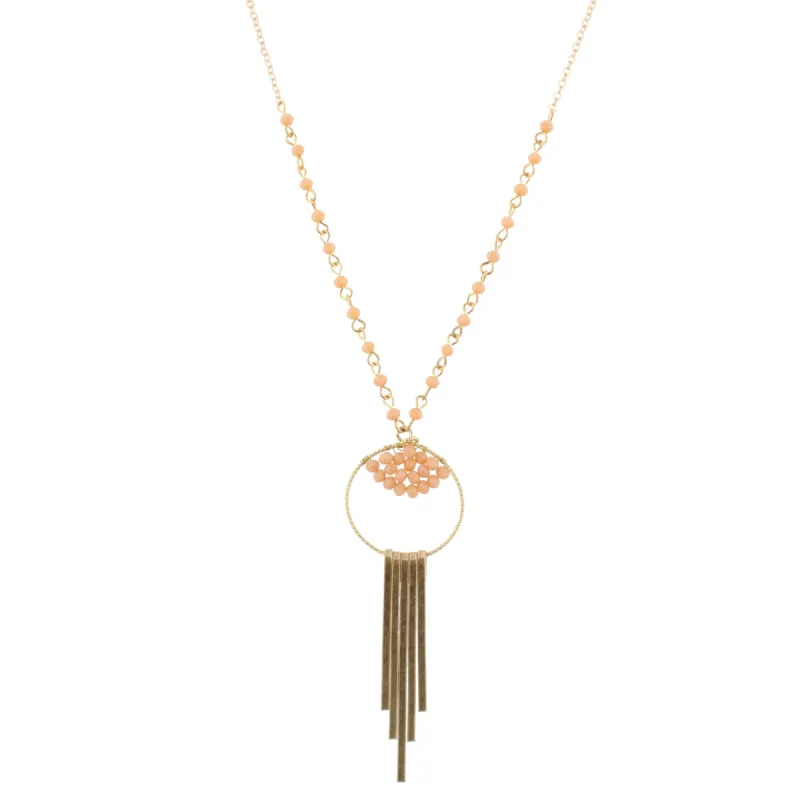 30" Partial Peach Jet Linked Necklace with Bead Weave Circle and Gold Fringe, 3" Ext. sold by Charming Charlie