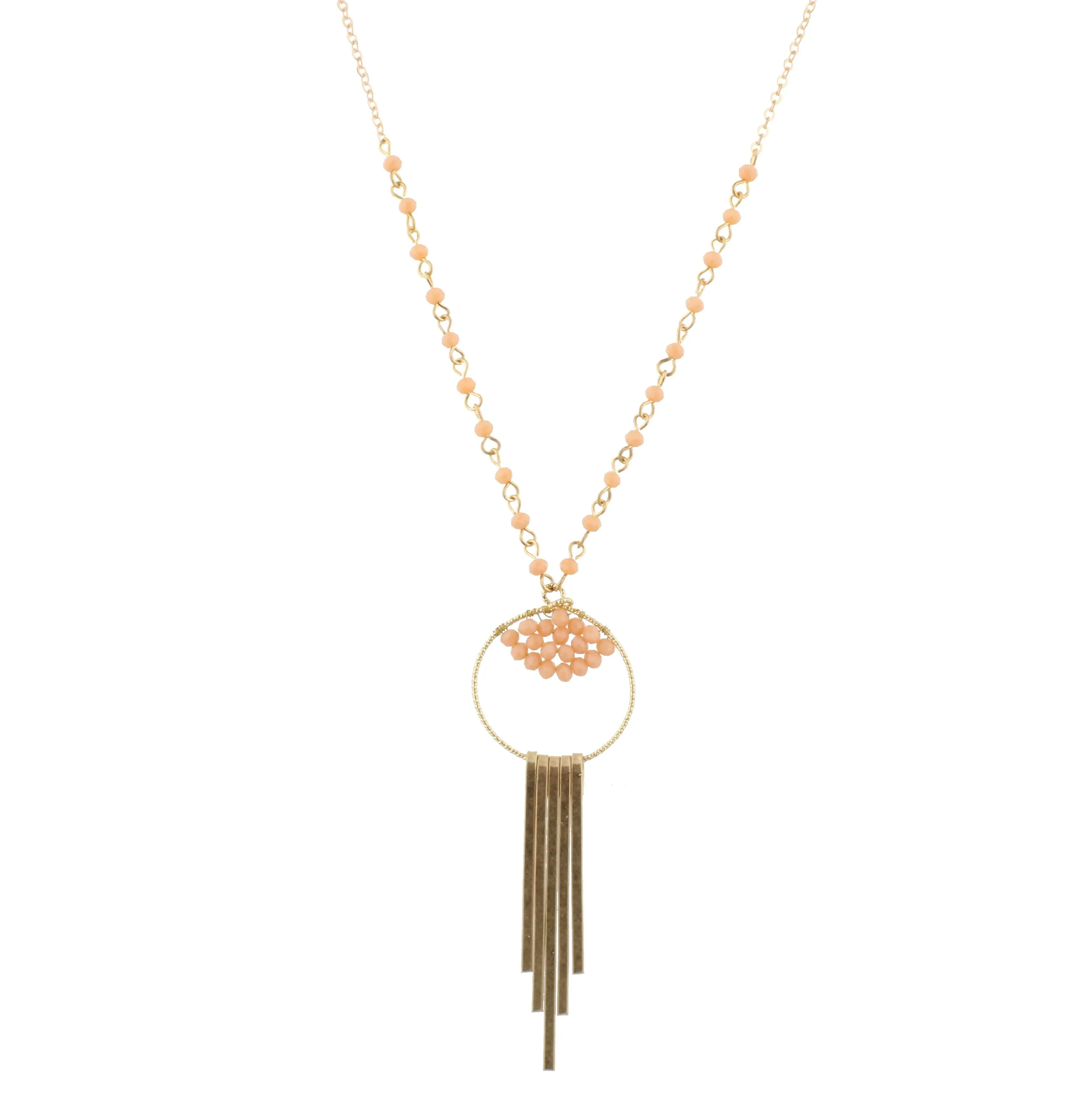 30" Partial Peach Jet Linked Necklace with Bead Weave Circle and Gold Fringe, 3" Ext. sold by Charming Charlie