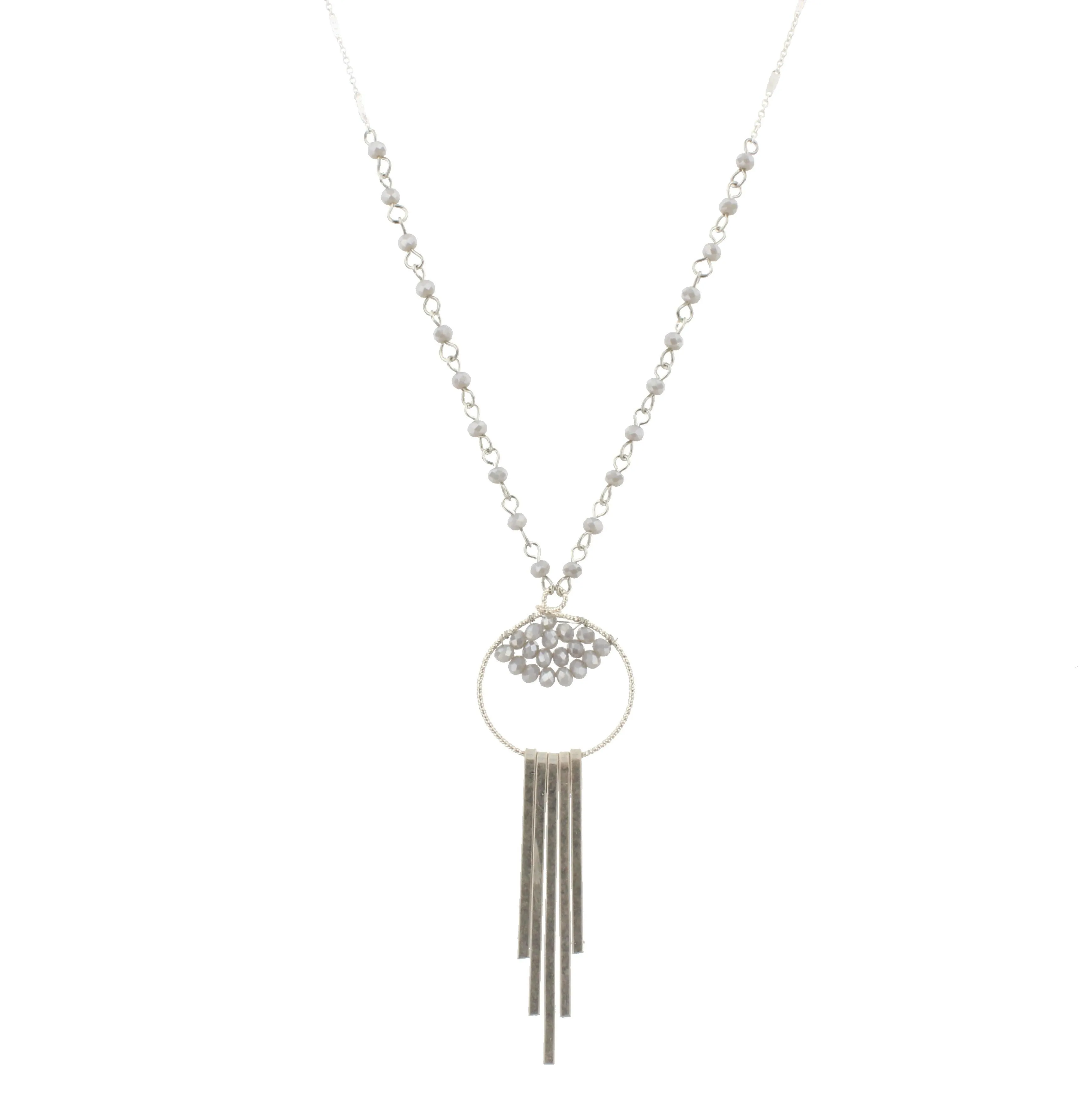 30" Partial Grey Linked Necklace with Bead Weave Circle and Silver Fringe, 3" Ext. sold by Charming Charlie
