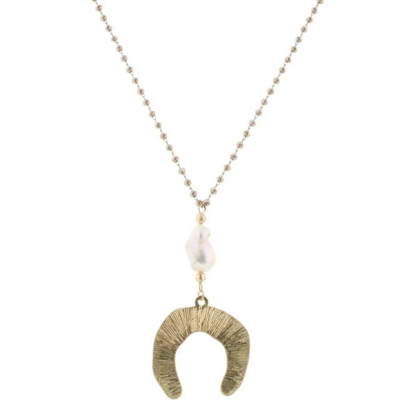 30" Delicate Greige Linked Necklace with Baroque Pearl and Crescent, 3" Ext. sold by Charming Charlie