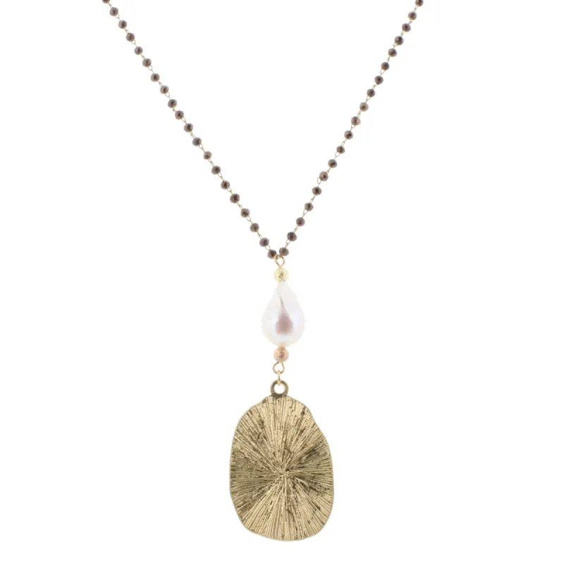 30" Delicate Chocolate Linked Necklace with Baroque Pearl and Oval, 3" Ext. sold by Charming Charlie