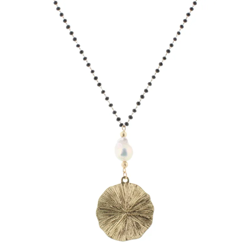 30" Delicate Jet Linked Necklace with Baroque Pearl and Circle, 3" Ext. sold by Charming Charlie