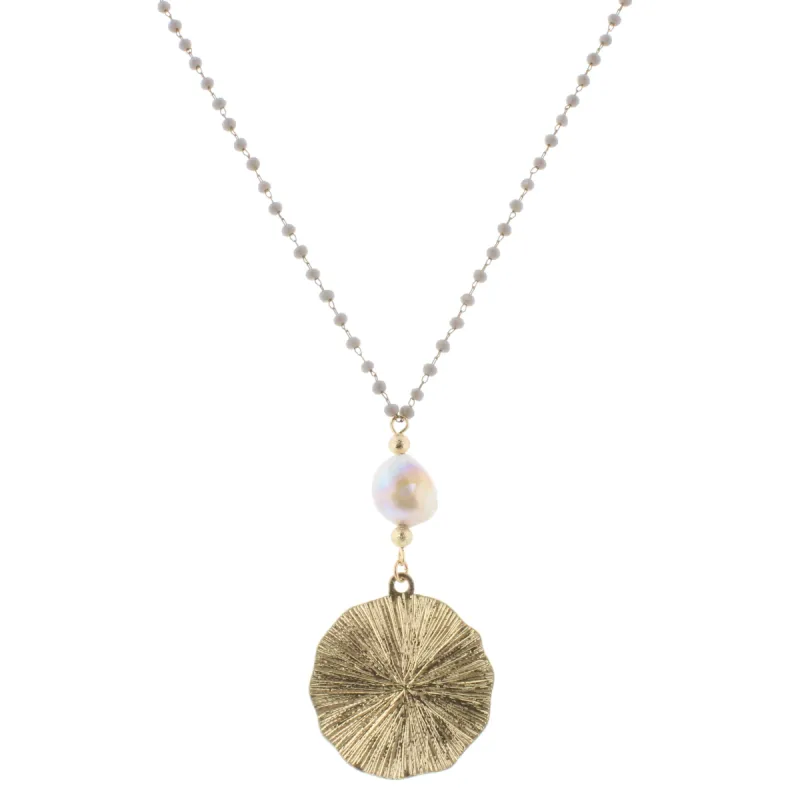 30" Delicate Grey Linked Necklace with Baroque Grey and Circle, 3" Ext. sold by Charming Charlie