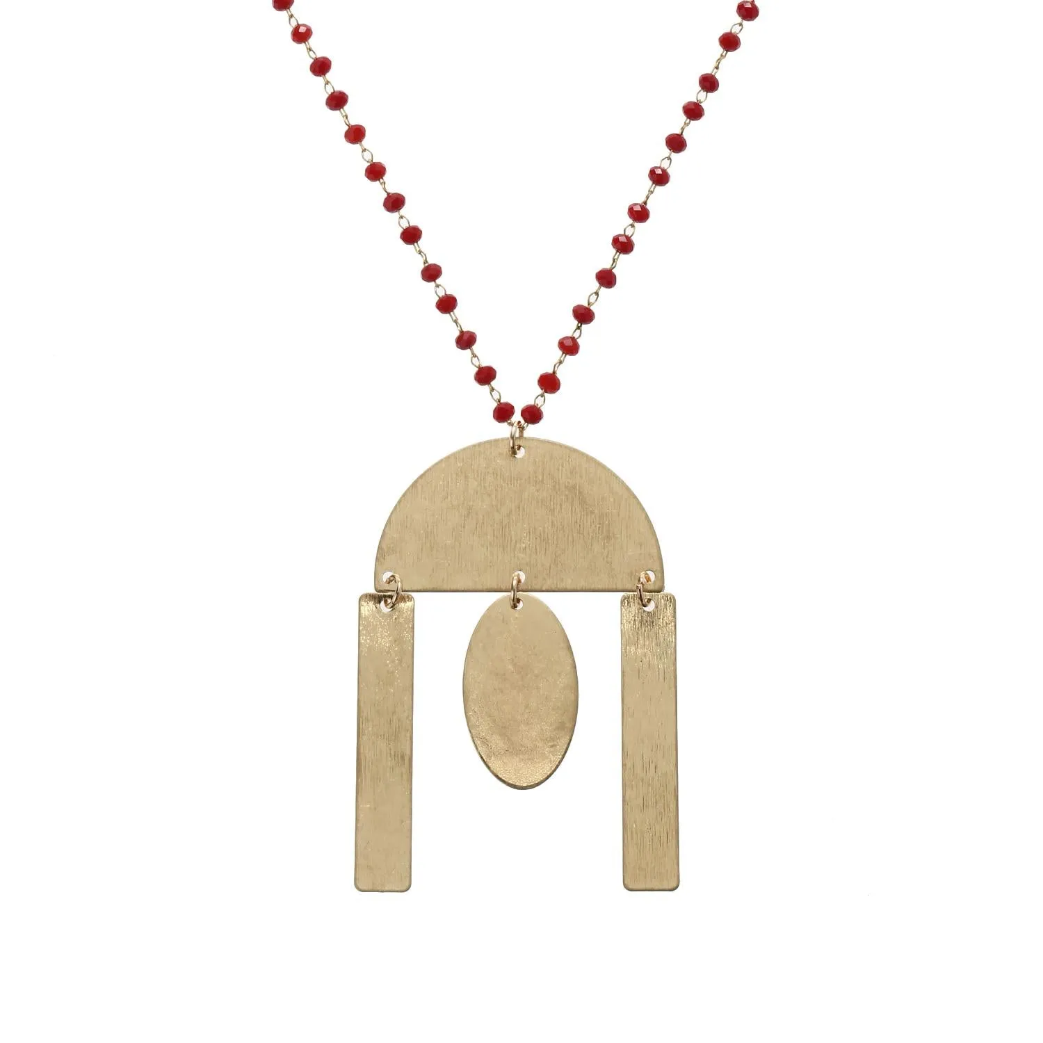 32" Delicate Maroon Linked Necklace with Gold Semi Circle with Multi Shape Dangles, 3" Ext. sold by Charming Charlie