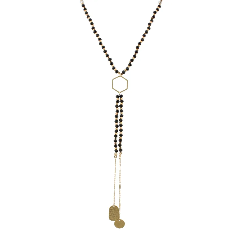 32" Black Beaded, Hexagon Y Necklace with Two Strand Dangles, 3" Ext. sold by Charming Charlie