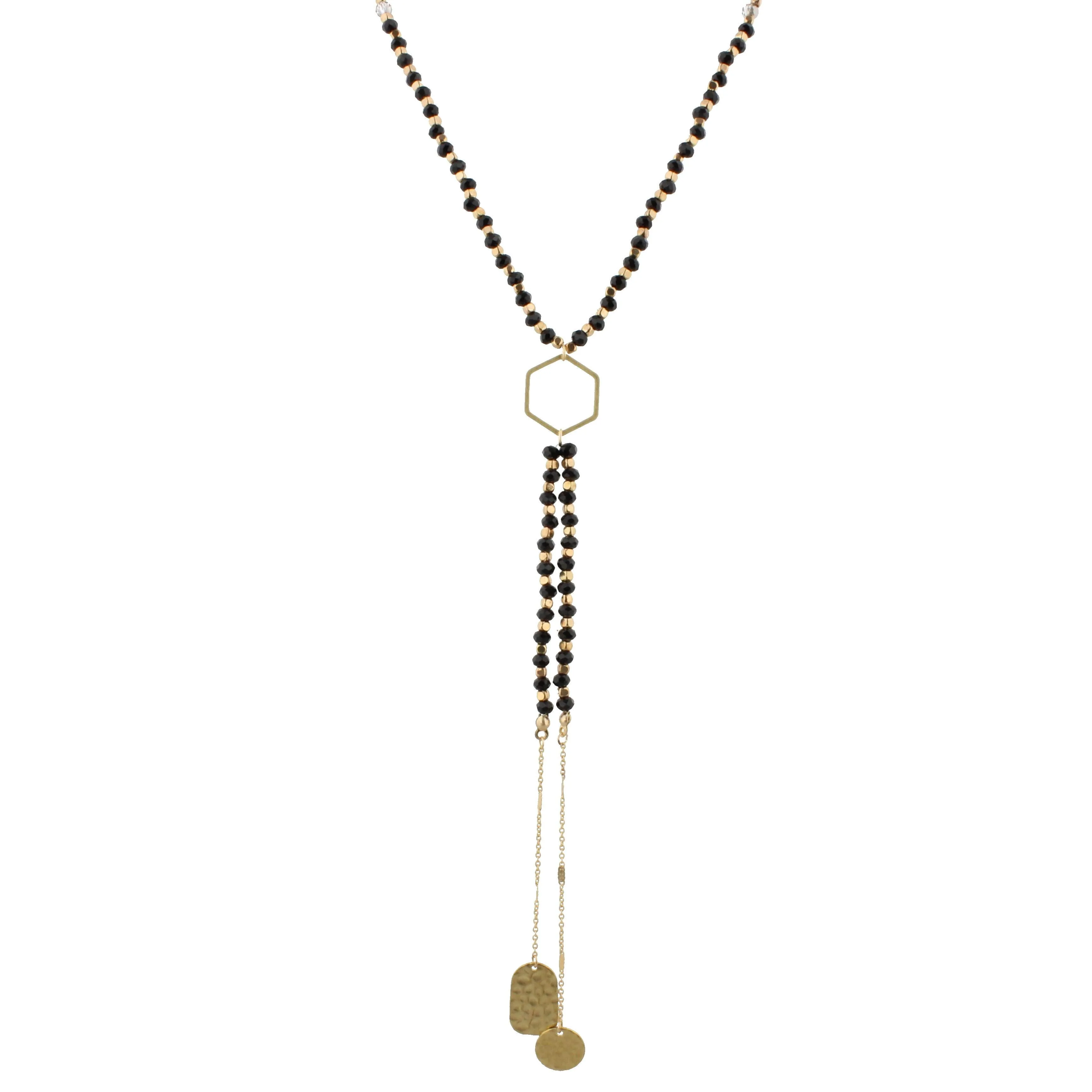 32" Black Beaded, Hexagon Y Necklace with Two Strand Dangles, 3" Ext. sold by Charming Charlie