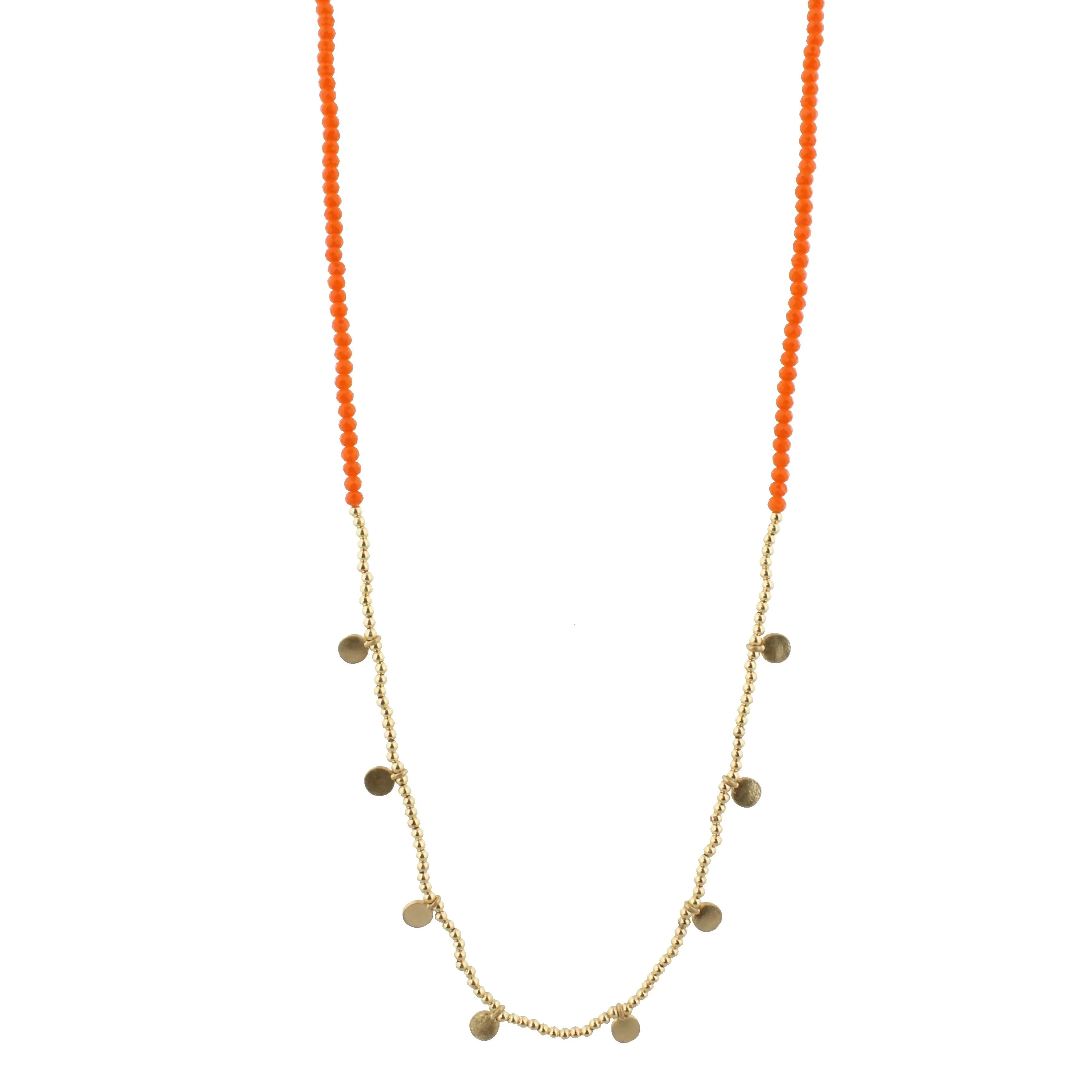 32" Orange Beaded Necklace with Gold Beads and Gold Disks, 3" Ext. sold by Charming Charlie