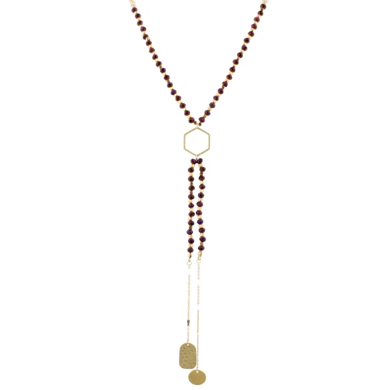 32" Purple Beaded, Hexagon Y Necklace with Two Strand Dangles, 3" Ext. sold by Charming Charlie