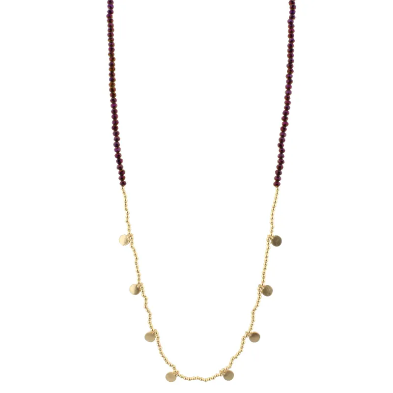 32" Purple Beaded Necklace with Gold Beads and Gold Disks, 3"Ext. sold by Charming Charlie