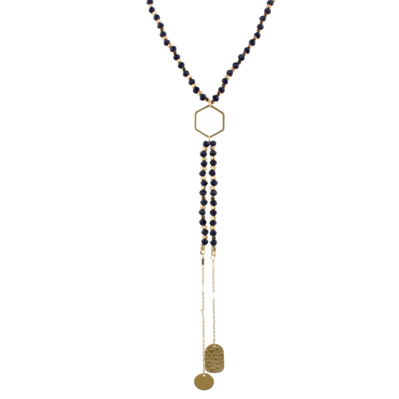 32" Navy Beaded, Hexagon Y Necklace with Two Strand Dangles, 3" Ext. sold by Charming Charlie