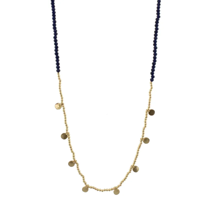 32" Navy Beaded Necklace with Gold Bead and Gold Disks, 3" Ext. sold by Charming Charlie