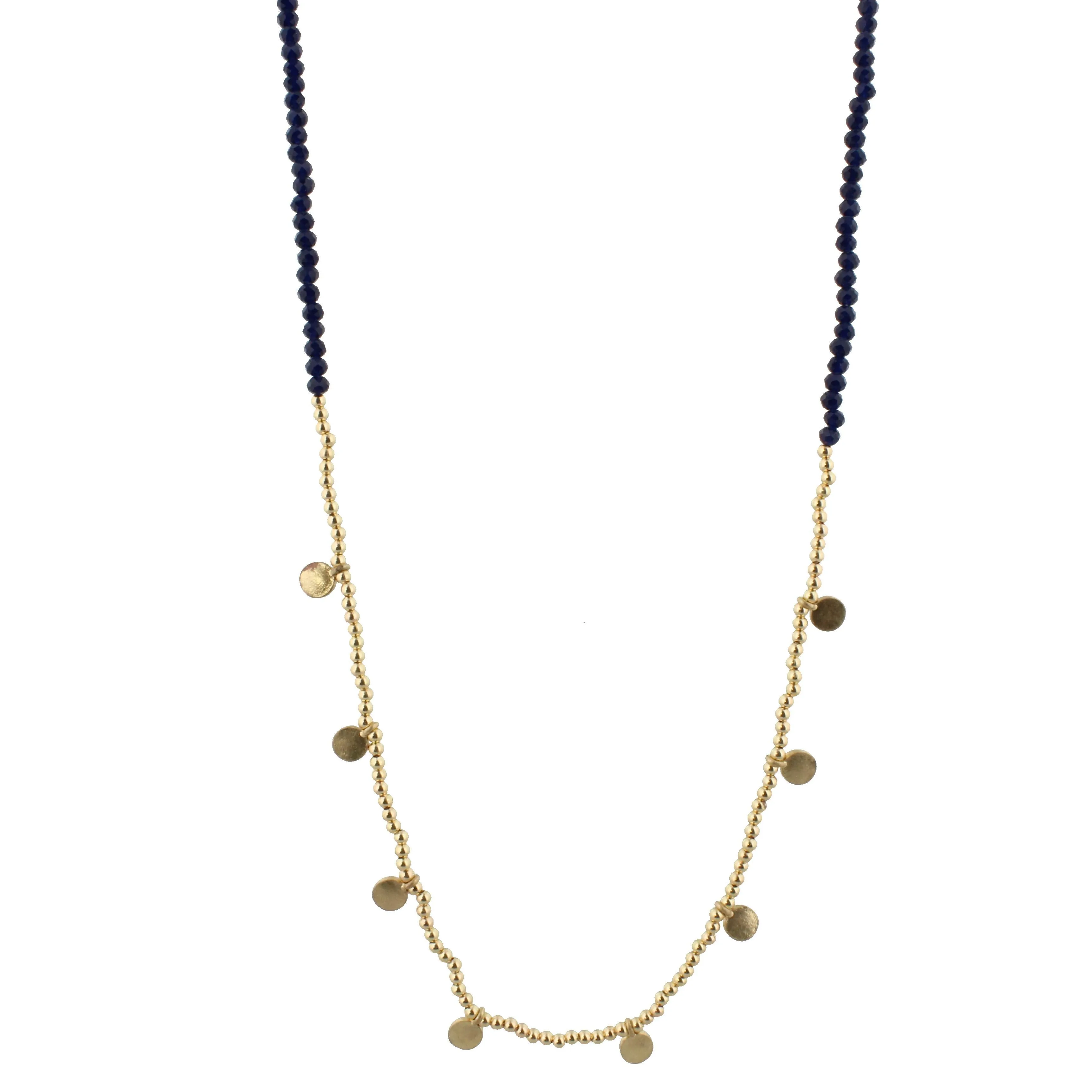32" Navy Beaded Necklace with Gold Bead and Gold Disks, 3" Ext. sold by Charming Charlie