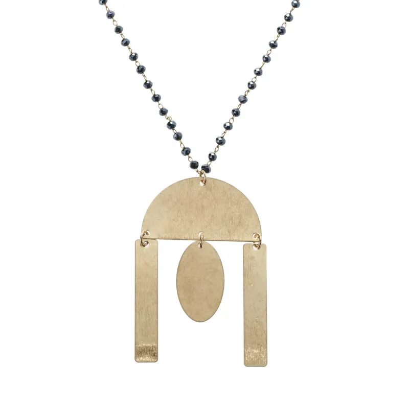 32" Delicate Navy Linked Necklace with Gold Semi Circle with Multi Shape Dangles, 3" Ext. sold by Charming Charlie