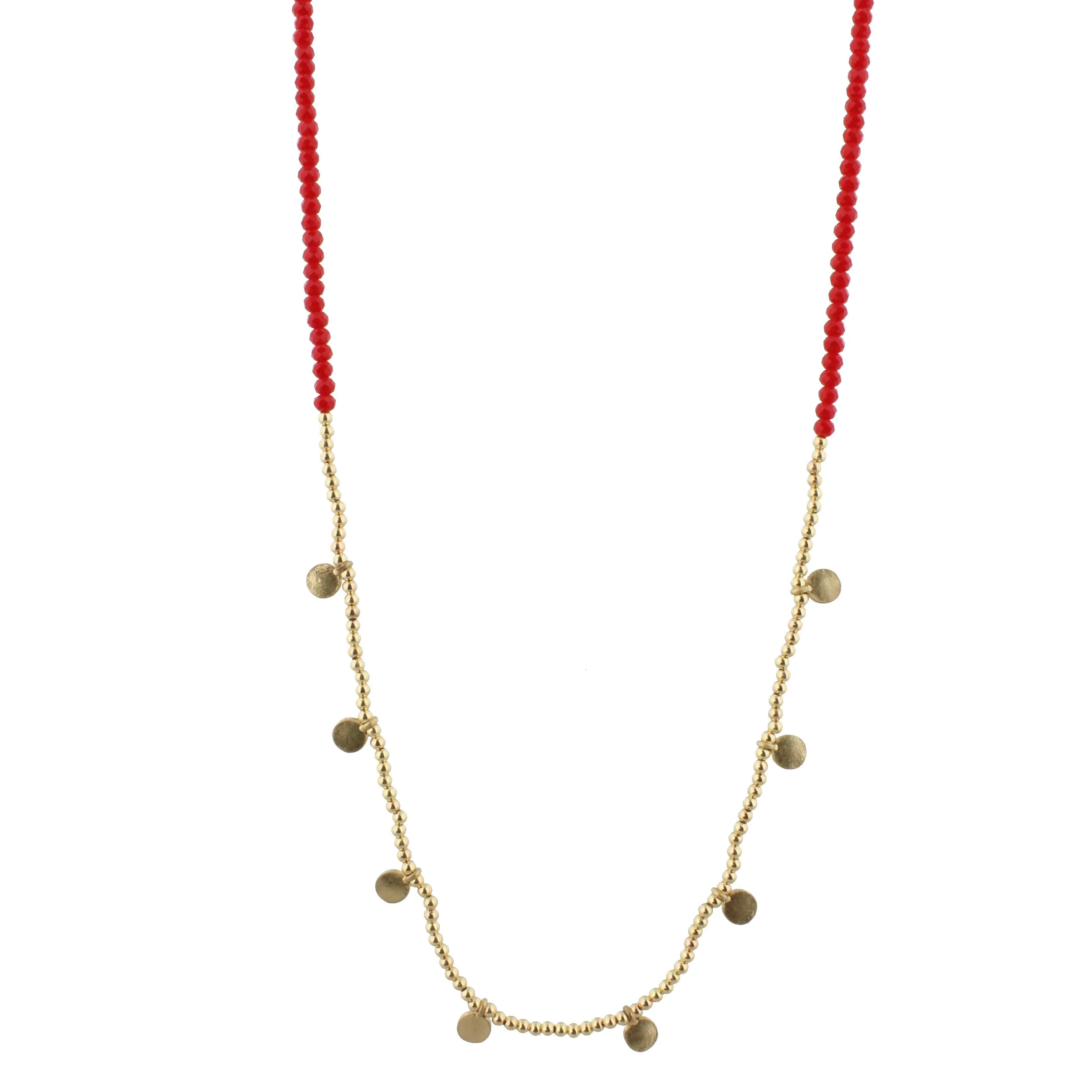32" Red Beaded Necklace with Gold Bead and Gold Disks, 3" Ext. sold by Charming Charlie