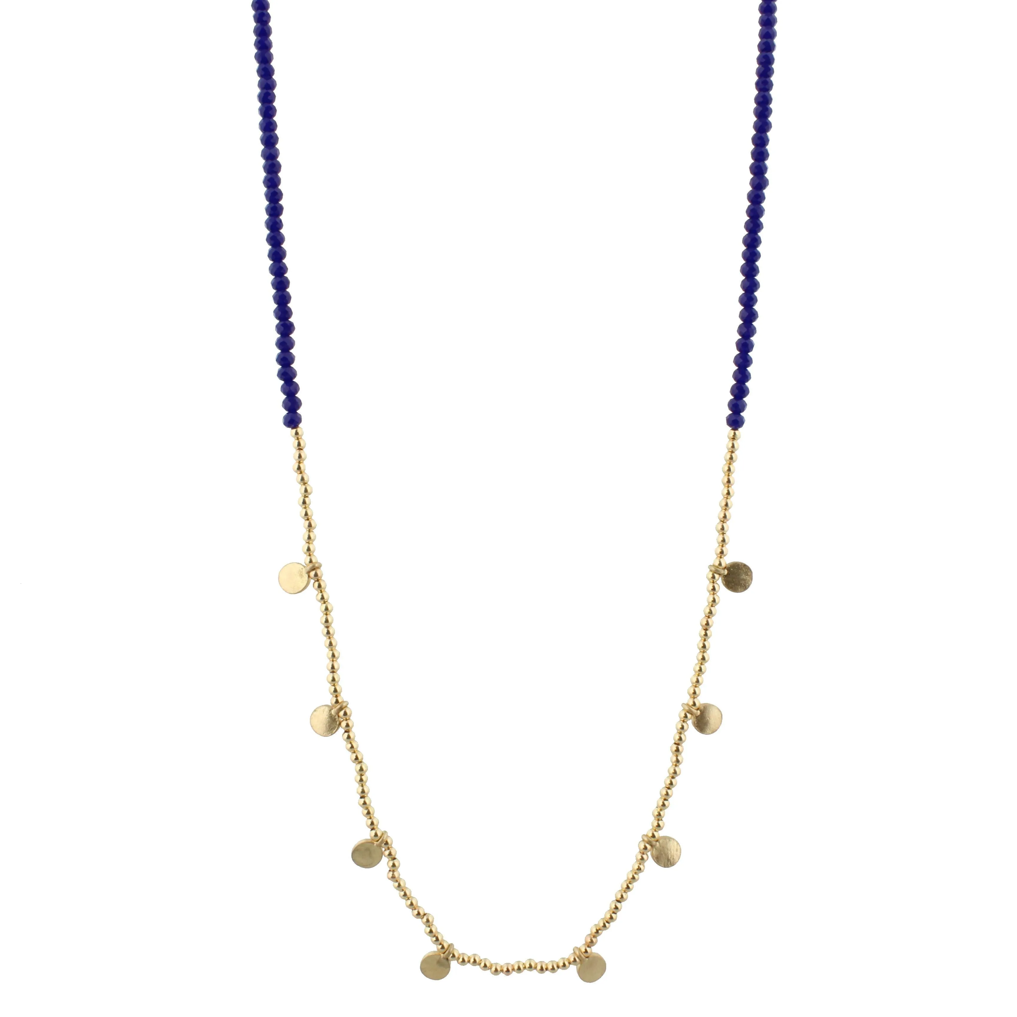 32" Royal Blue Beaded Necklace with Gold Bead and Gold Disks, 3" Ext. sold by Charming Charlie