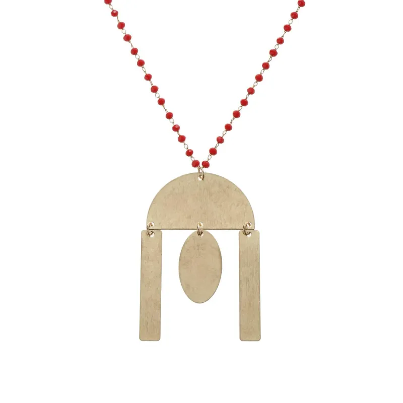 32" Delicate Red Linked Necklace with Gold Semi Circle with Multi Shape Dangles, 3" Ext. sold by Charming Charlie