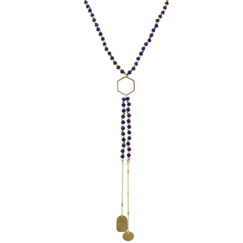 32" Royal Blue Beaded, Hexagon Y Necklace with Two Strand Dangles, 3" Ext. sold by Charming Charlie