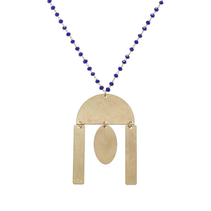 32" Delicate Royal Blue Linked Necklace with Gold Semi Circle with Multi Shape Dangles, 3" Ext. sold by Charming Charlie