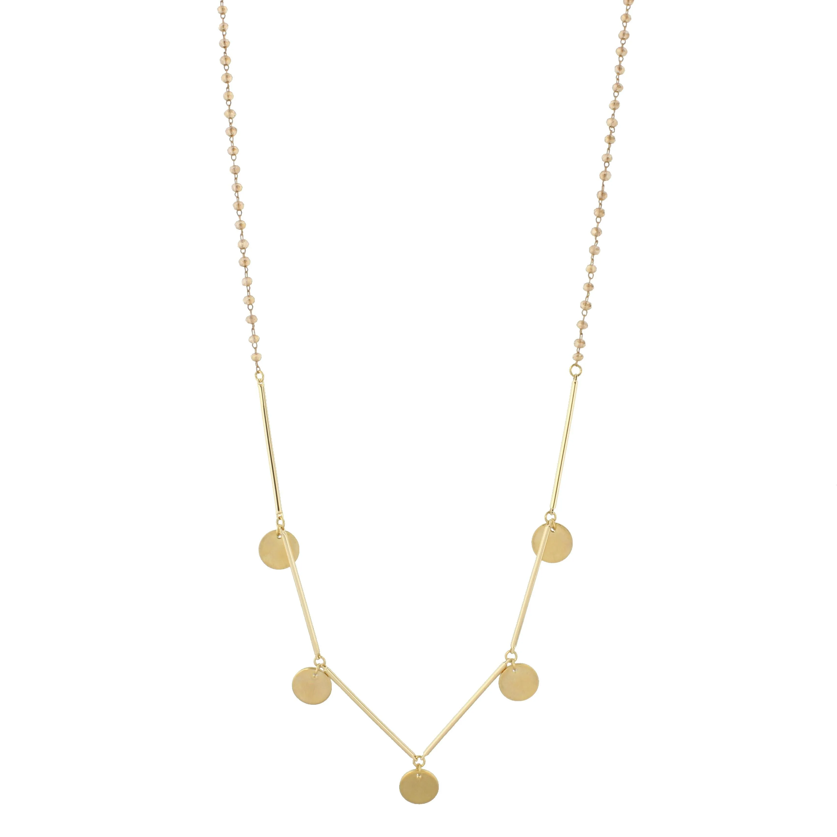 30" Delicate Champagne Beaded Necklace with Gold Metal Disk Accents, 3" Ext. sold by Charming Charlie