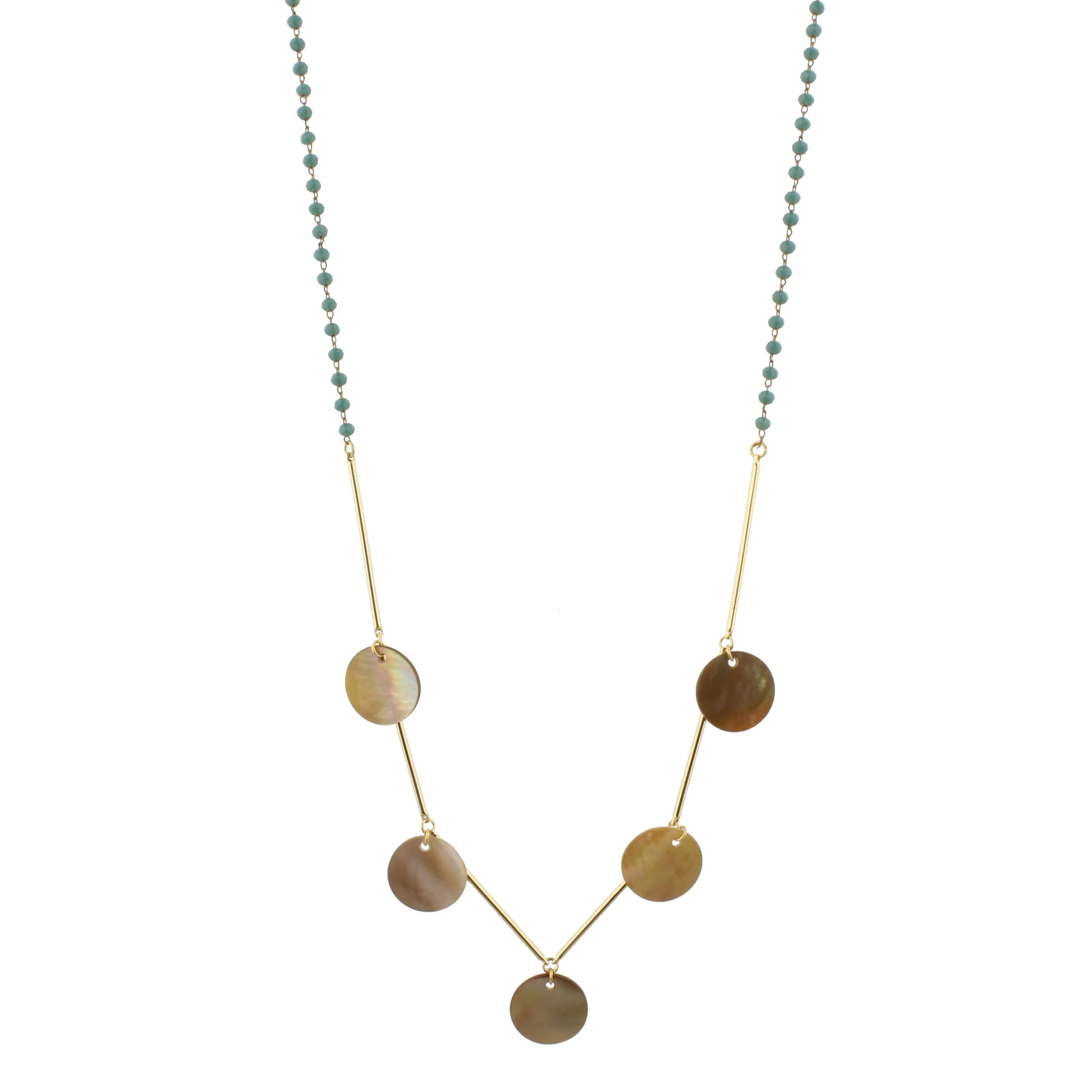 30" Delicate Mint Blue Beaded Necklace with Shell Disk Accents, 3" Ext. sold by Charming Charlie