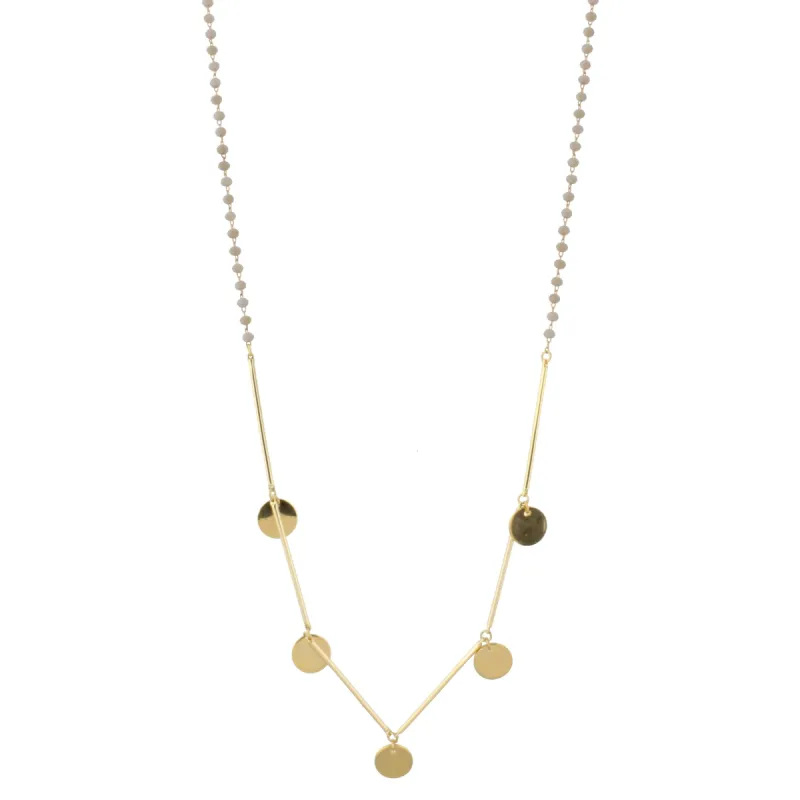 30" Delicate Matte Light Grey Beaded Necklace with Gold Metal Disk Accents, 3" Ext. sold by Charming Charlie