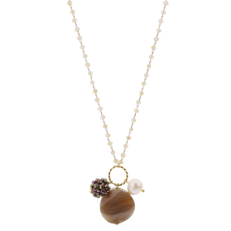 22" Delicate Natural Linked Necklace with Brown Agate, Freshwater Pearl, Bronze Crystal Ball, 3" Ext. sold by Charming Charlie