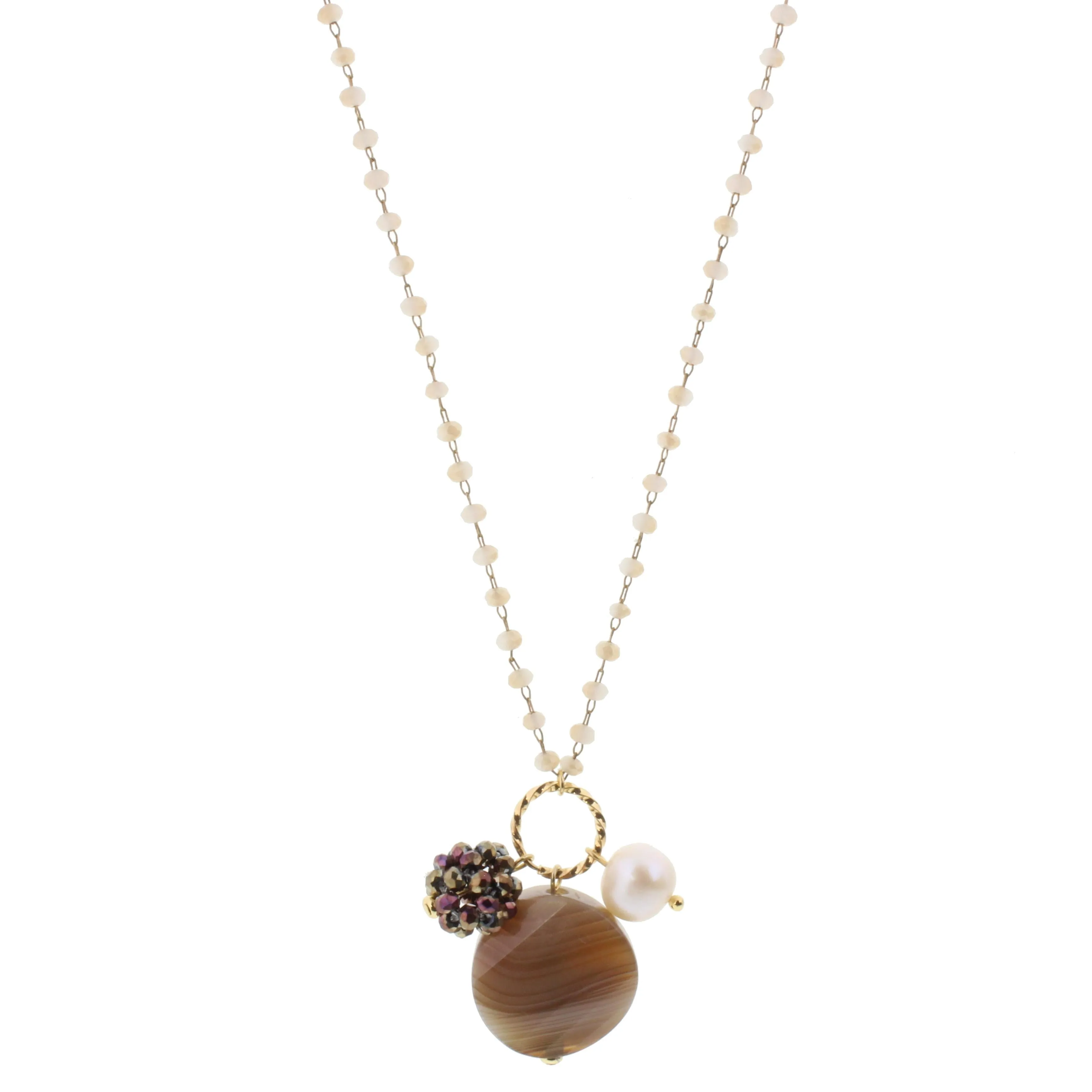 22" Delicate Natural Linked Necklace with Brown Agate, Freshwater Pearl, Bronze Crystal Ball, 3" Ext. sold by Charming Charlie