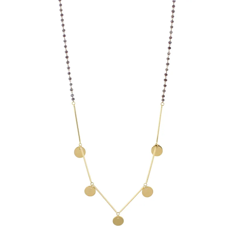 30" Delicate Dark Purple Beaded Necklace with Gold Disk Accents, 3" Ext. sold by Charming Charlie