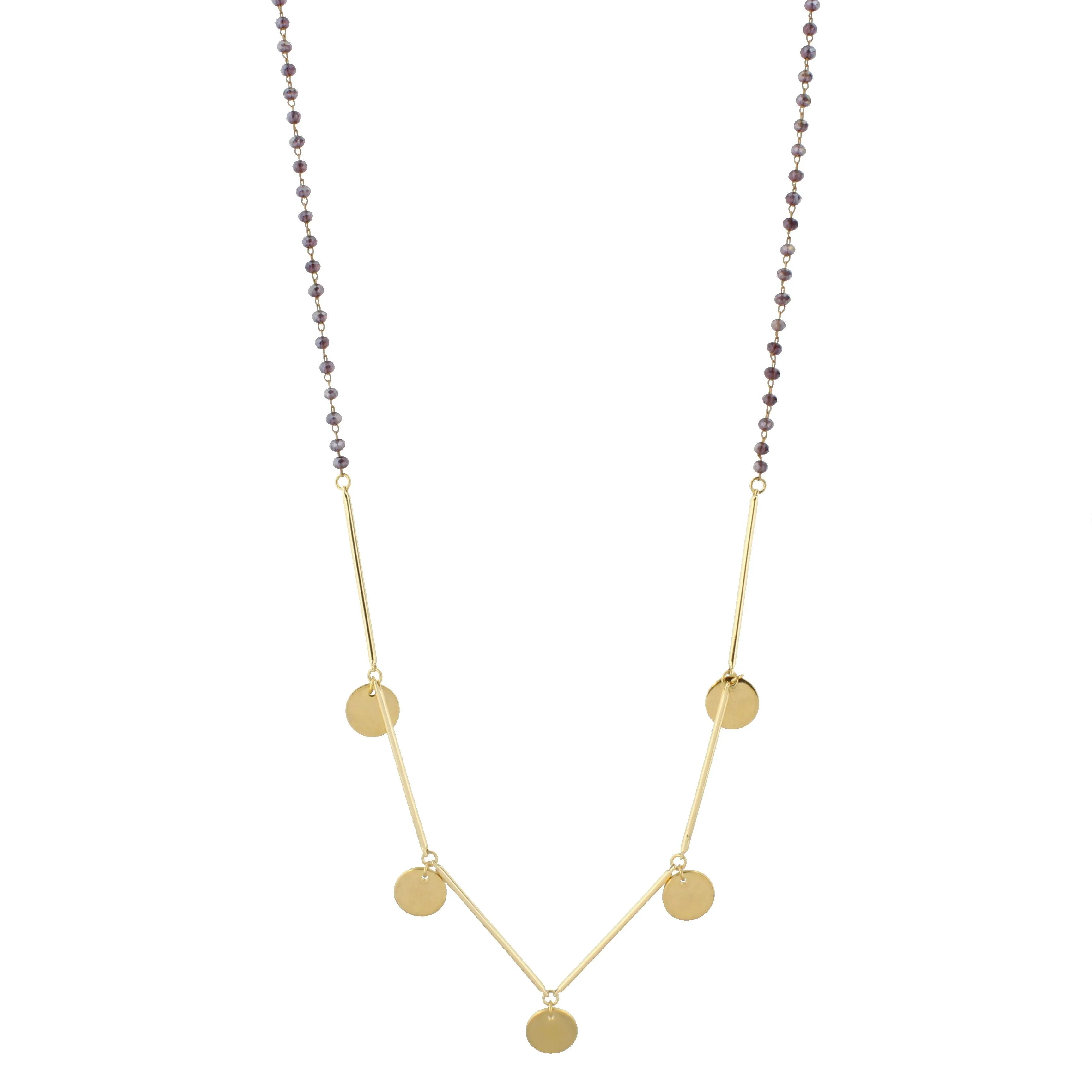 30" Delicate Dark Purple Beaded Necklace with Gold Disk Accents, 3" Ext. sold by Charming Charlie