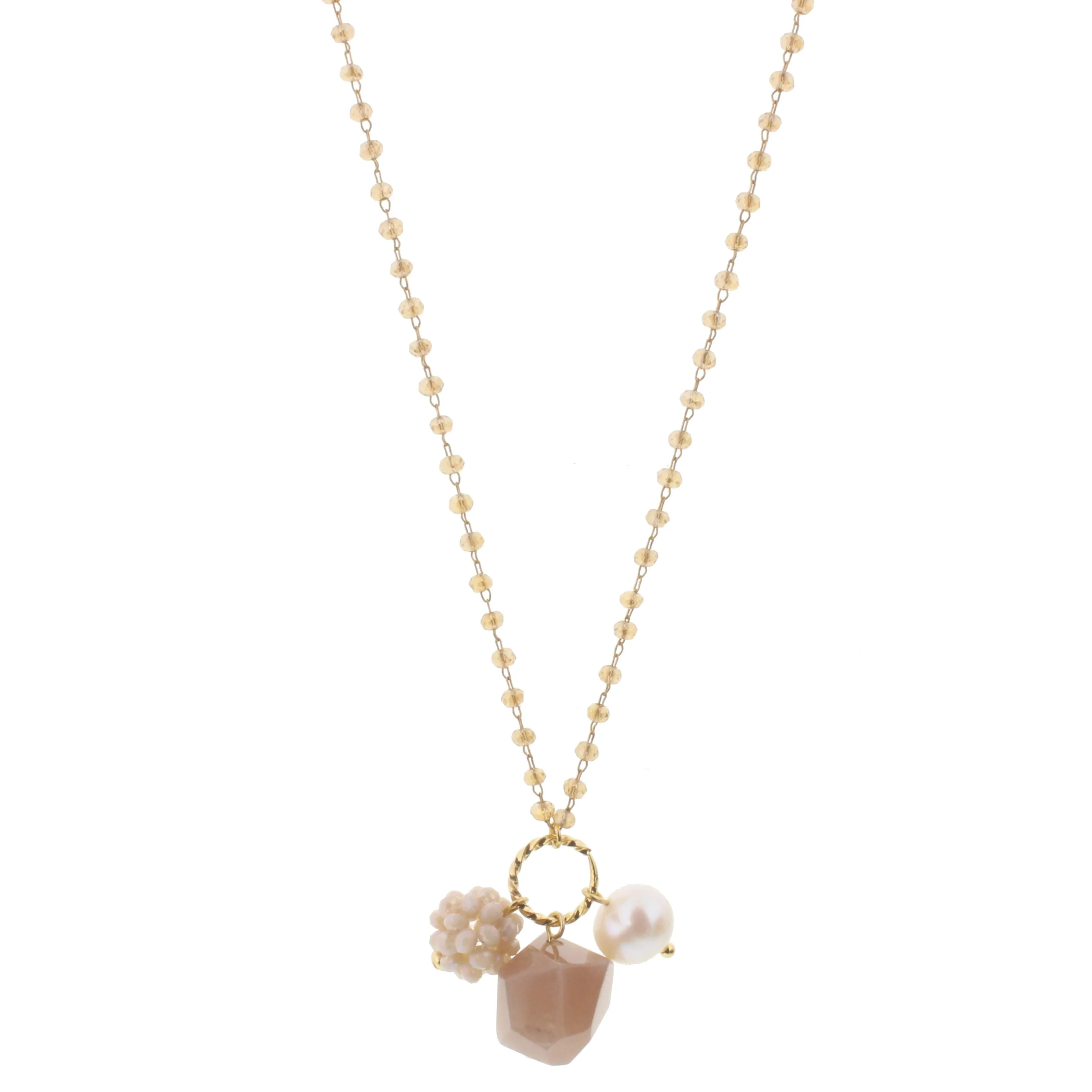 22" Delicate Champagne Linked Necklace with Peach Agate, Freshwater Pearl, Cream Crystal Ball, 3" Ext. sold by Charming Charlie