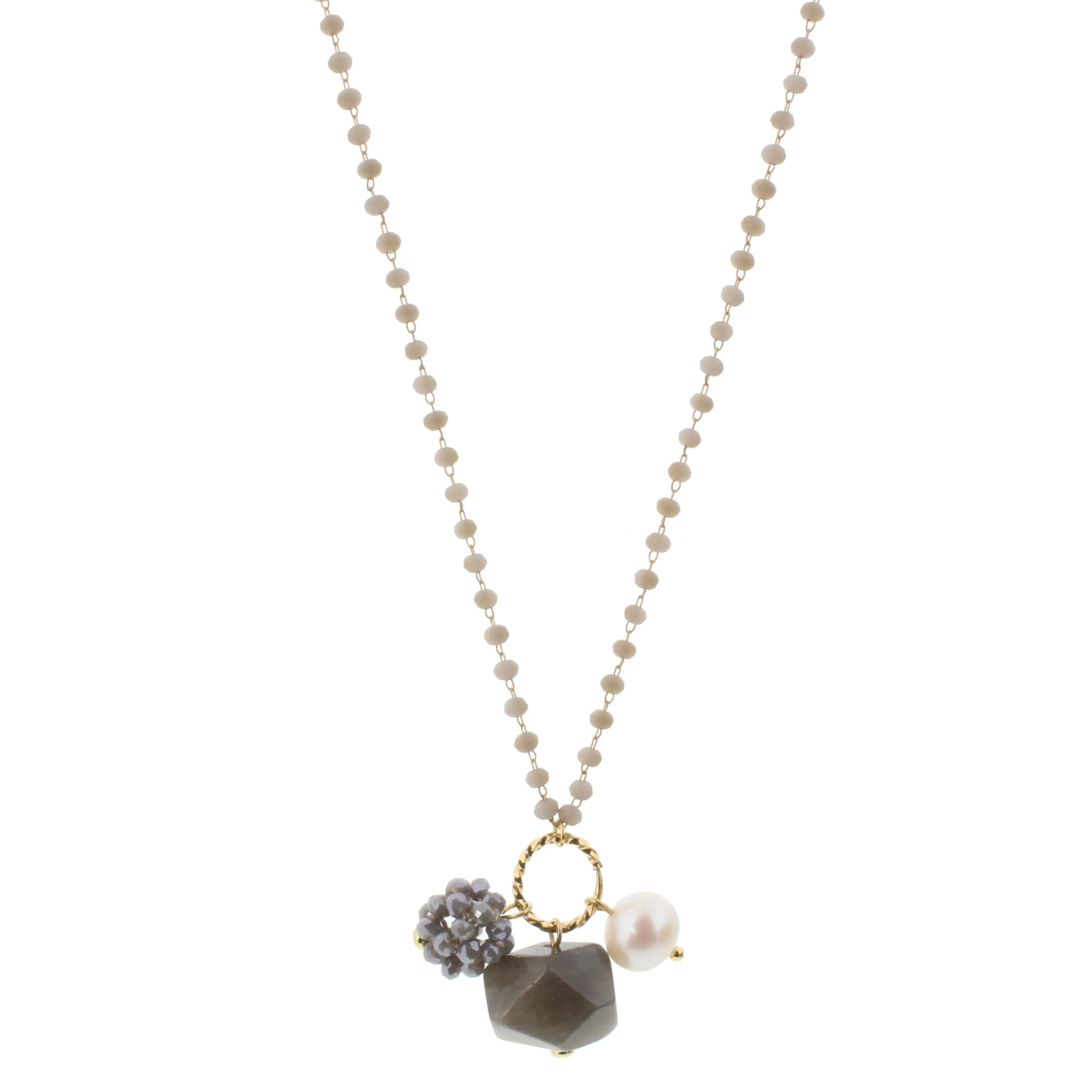 22" Delicate Grey Linked Necklace with Grey Gemstone, Freshwater Pearl, Grey Crystal Ball, 3" Ext. sold by Charming Charlie