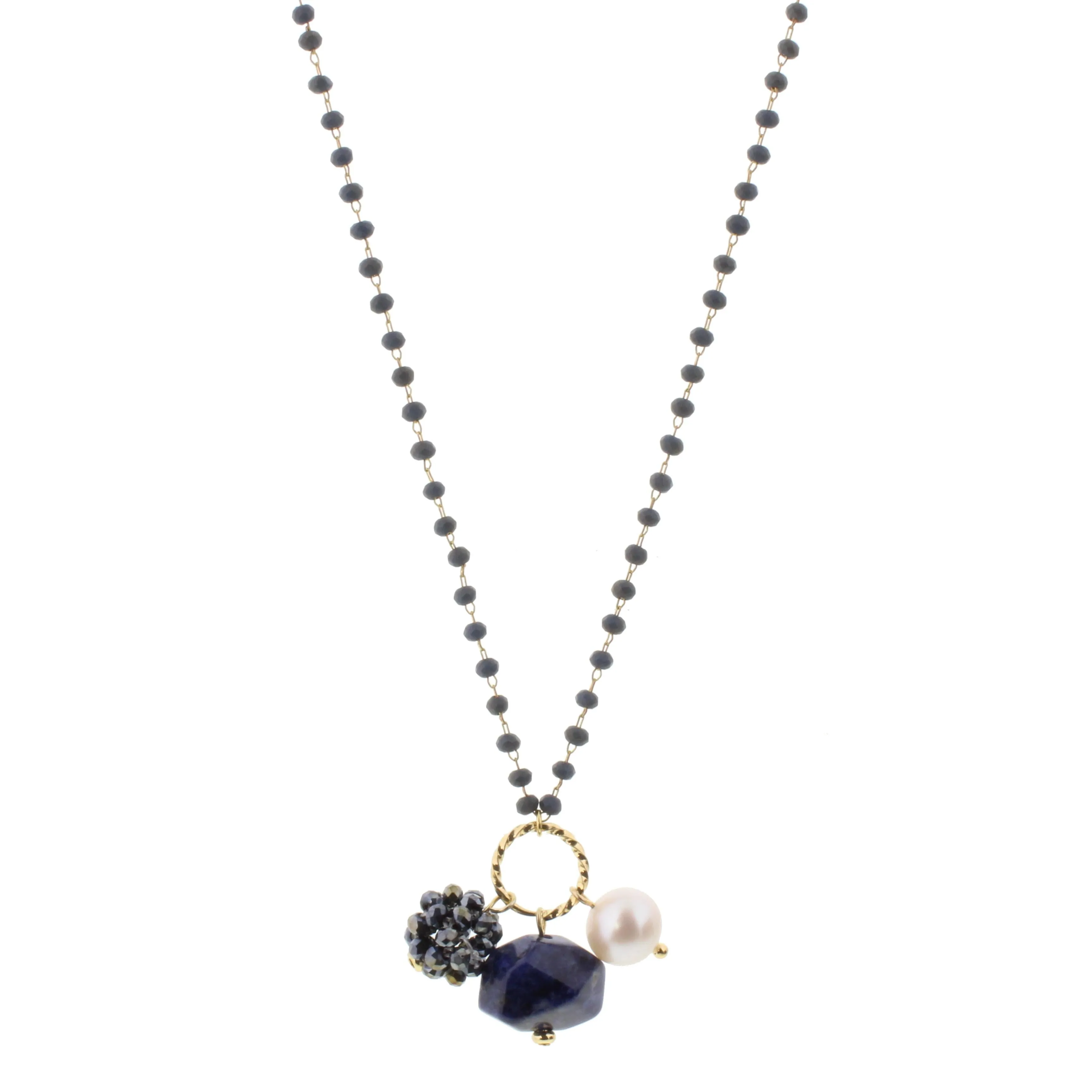 22" Delicate Matte Blue Linked Necklace with Sodalite Gemstone, Freshwater Pearl, Matte Blue Crystal Ball, 3" Ext. sold by Charming Charlie