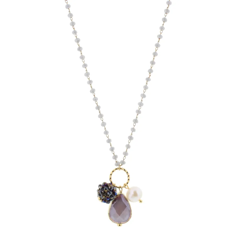 22" Delicate Grey Linked Necklace with Purple Teardrop Agate, Freshwater Pearl, Purple Crystal Ball, 3" Ext. sold by Charming Charlie