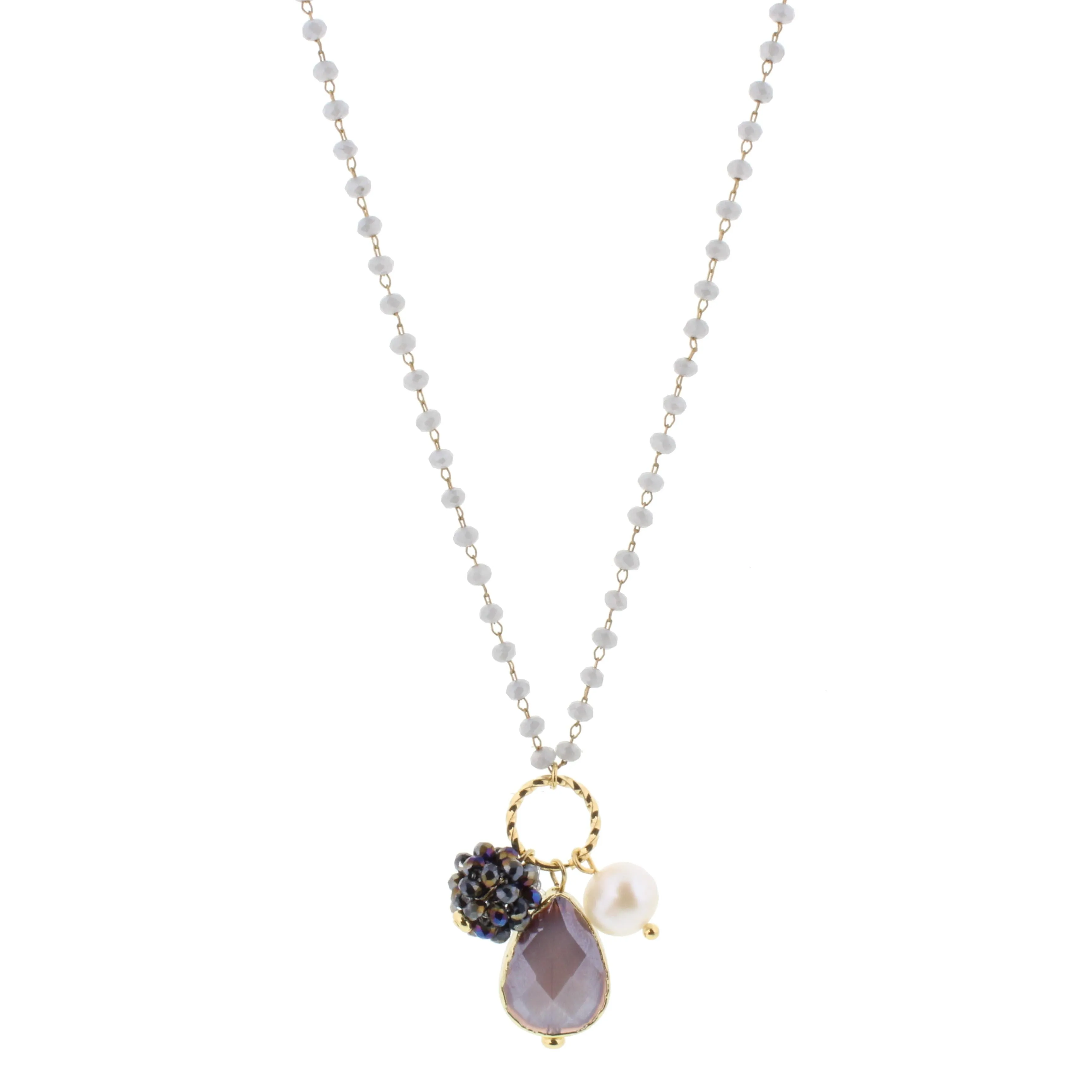 22" Delicate Grey Linked Necklace with Purple Teardrop Agate, Freshwater Pearl, Purple Crystal Ball, 3" Ext. sold by Charming Charlie