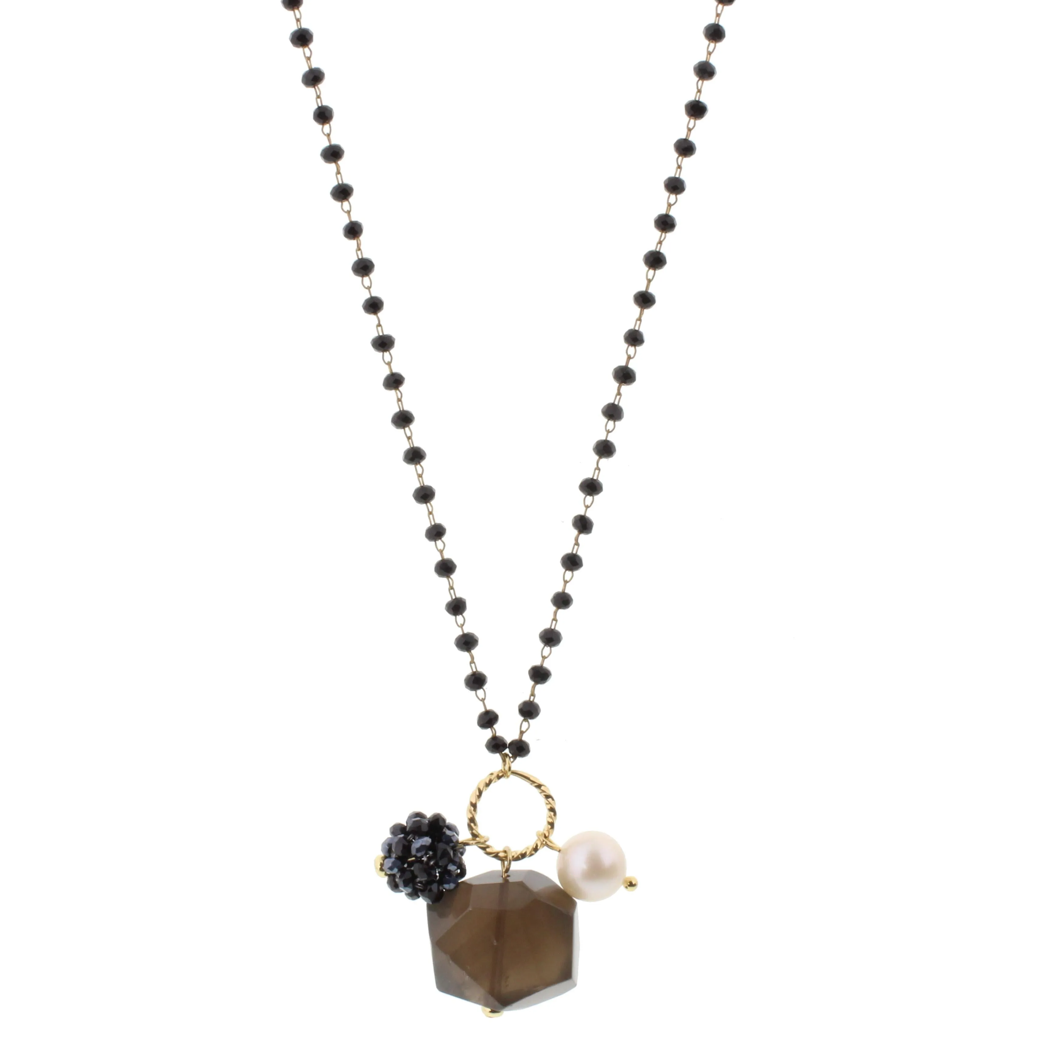 22" Delicate Jet Linked Necklace with Smokey Quartz Agate, Freshwater Pearl, Metalic Navy Crystal Ball, 3" Ext. sold by Charming Charlie