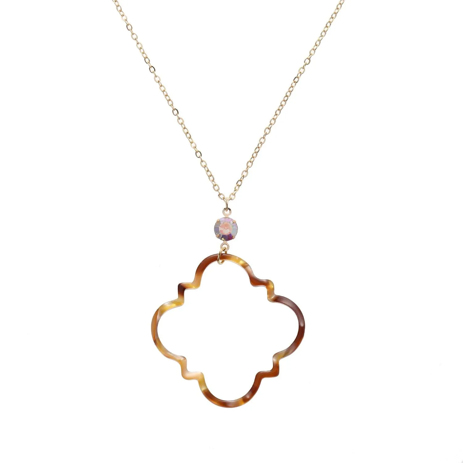 32" Gold Chain Necklace with Open Brown Multi Resin Ornate Shape with AB Stone, 3" Ext. sold by Charming Charlie