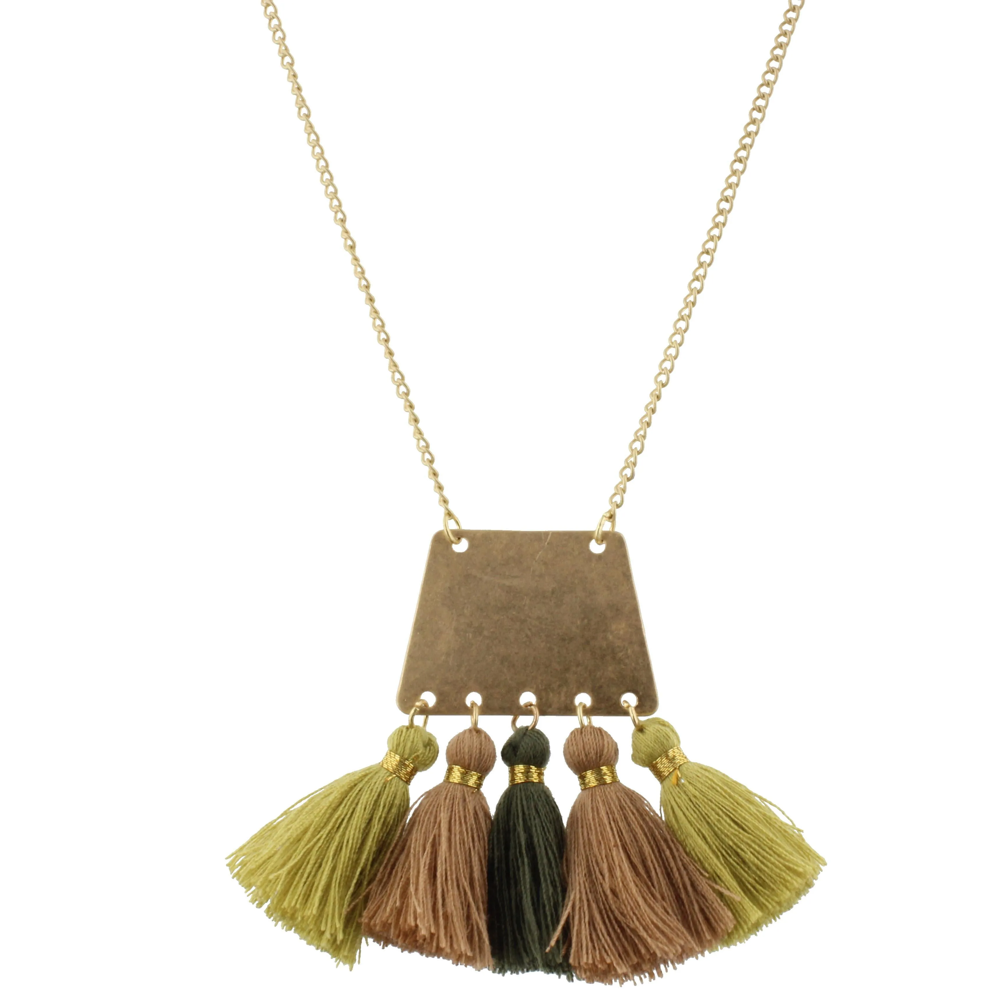 32" Gold Trapazoid Necklace with Pear, Dark Green and Light Brown Tassels, 3" Ext. sold by Charming Charlie