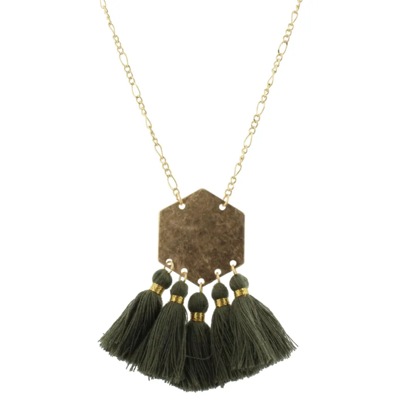32" Gold Hexagon Necklace with Dark Green Tassels, 3" Ext. sold by Charming Charlie