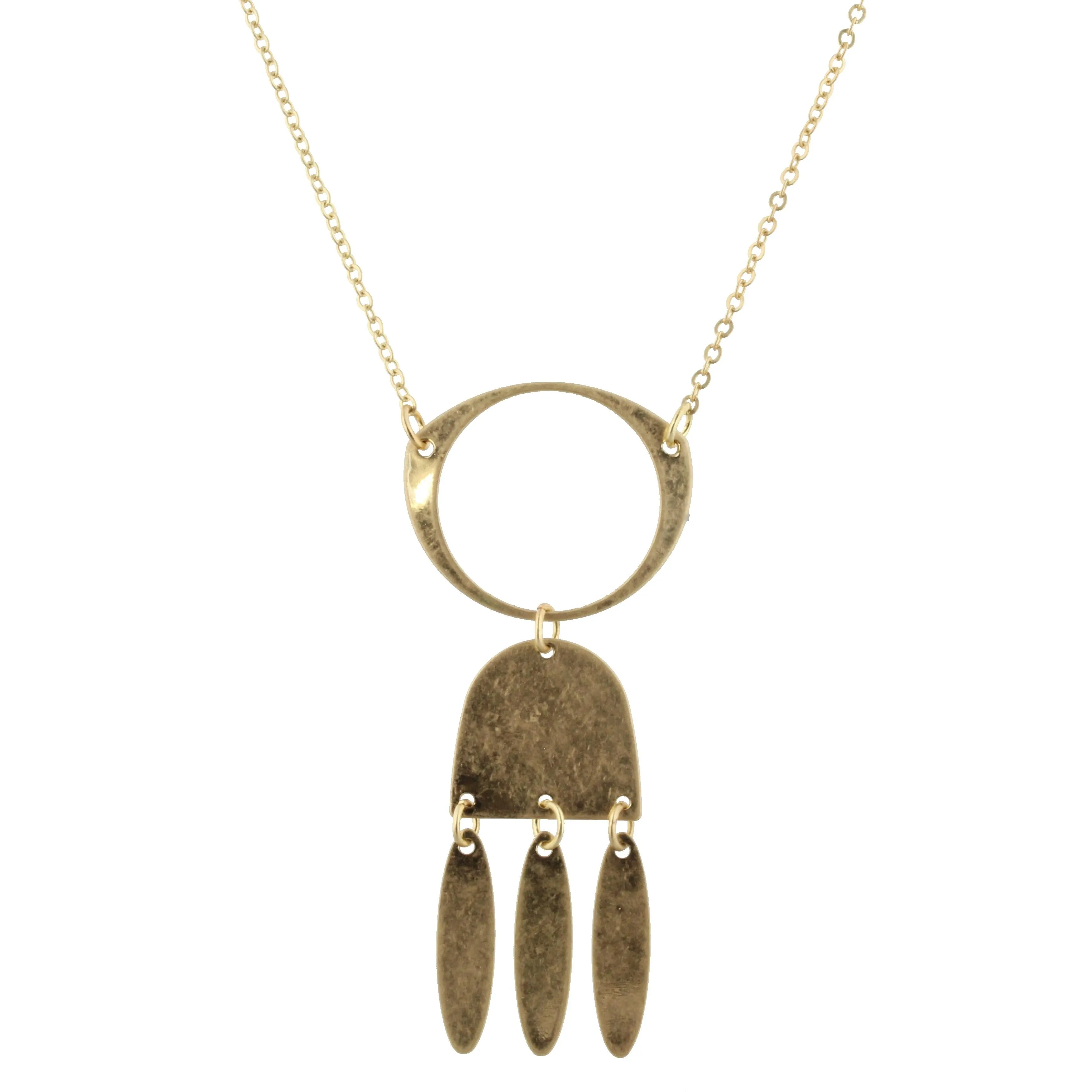 32" Gold Chain Necklace with Gold Open Circular Shape, Rounded Square, Spear Fringe, 3" Ext. sold by Charming Charlie