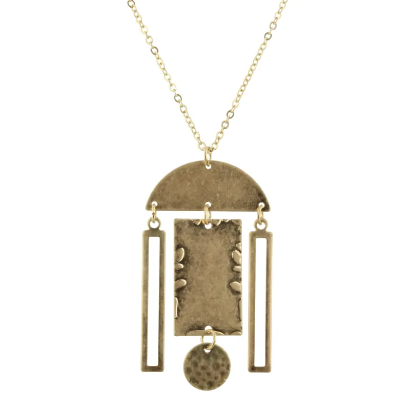 32" Gold Chain Necklace with Gold Half Circle with 2 Open Rectangles and Rectangle with Hanging Disk, 3" Ext. sold by Charming Charlie