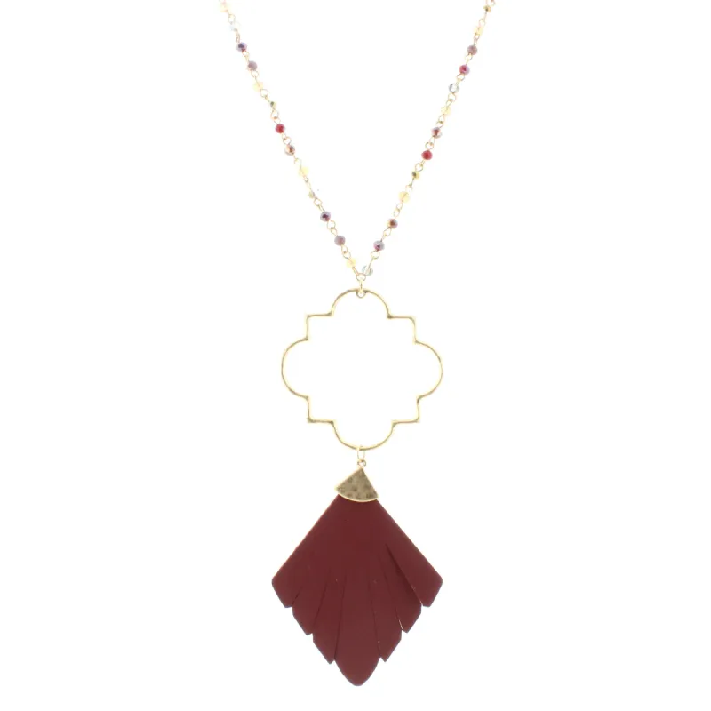 32" Multi Linked Necklace with Ornate and Maroon Leather Pendant, 3" Ext. sold by Charming Charlie