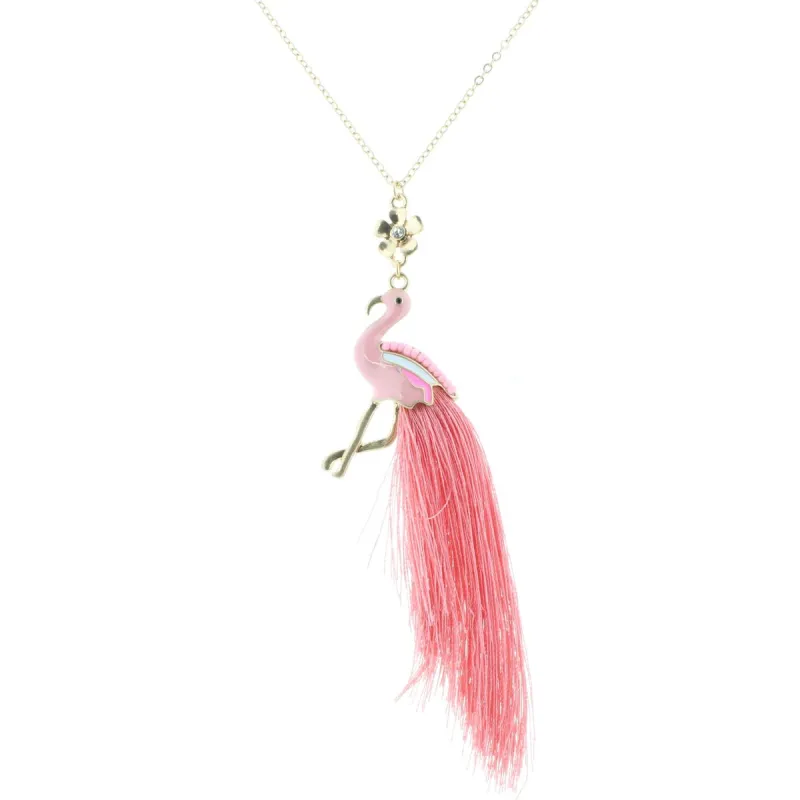 32" Pink Flamingo Necklace with with Tassel Feathers, 3" Ext. sold by Charming Charlie