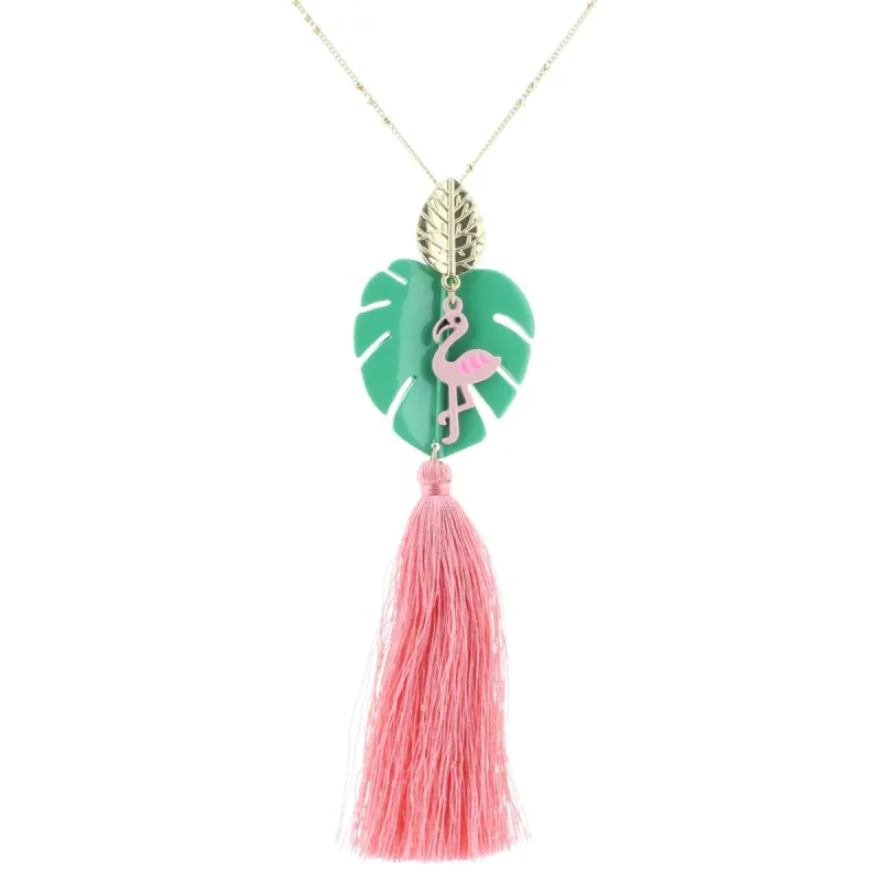 32" Green Palm Necklace with Flamingo & Pink Tassel, 3" Ext. sold by Charming Charlie
