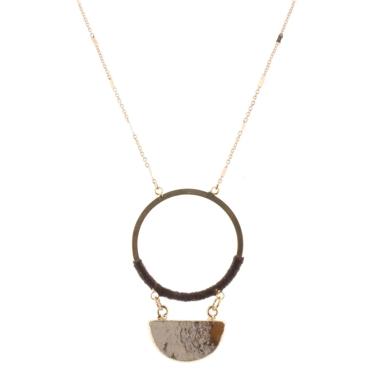 32" Gold Chain Necklace with Brown Wrapped Circle with Picute Jasper Stone Half Circle, 3" Ext. sold by Charming Charlie