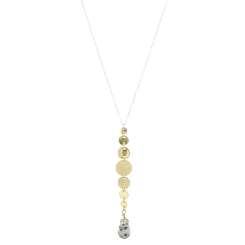 32" Silver Chain Necklace with Gold Disks Drop with Kiwi Stone, 3" Ext. sold by Charming Charlie
