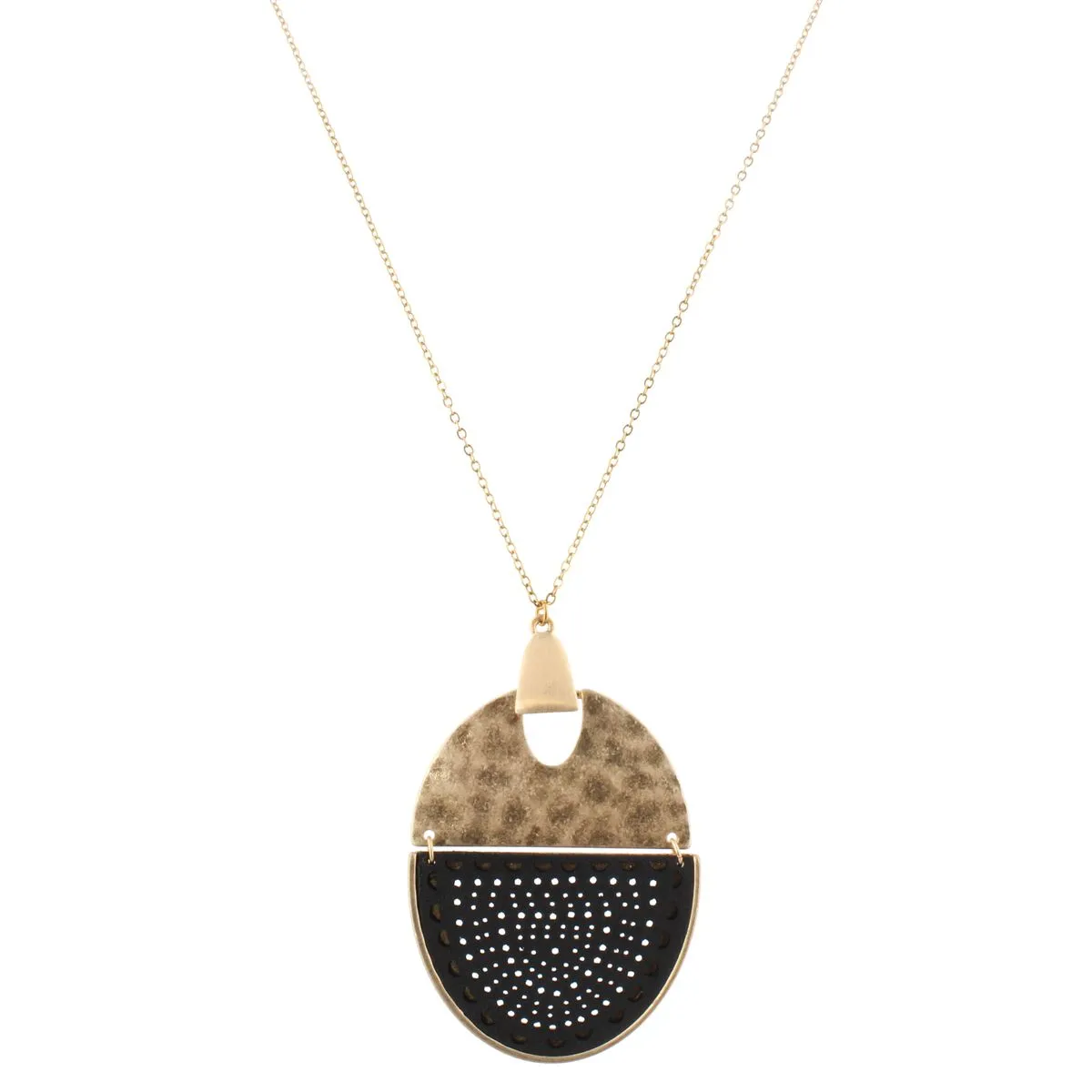 32" Gold Chain Necklace with Gold Hinged Pendant with Black Cutout Leather, 3" Ext. sold by Charming Charlie