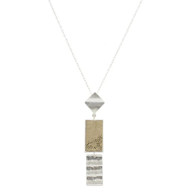 32" Silver Chain Necklace with Silver Square, Light Gold Leather Rectangle & Silver Wavy Rectangle, 3" Ext. sold by Charming Charlie